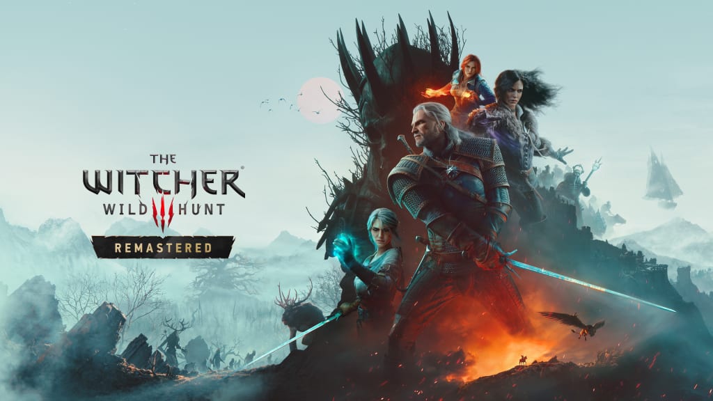 Geralt de Rivia empuña una espada junto a Ciri y dos hechiceras frente a un árbol muerto cubierto de espinas.
