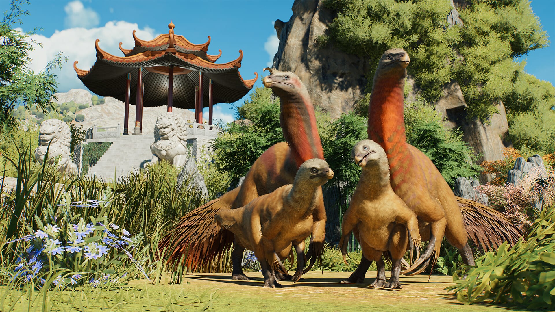 Cuatro dinosaurios emplumados junto a un pabellón de estilo chino con estatuas de leones de piedra.