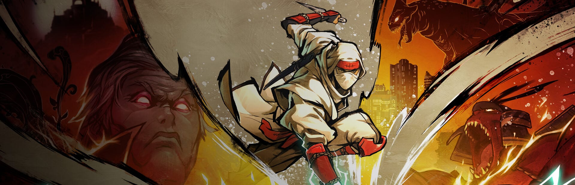 Arte de un ninja agachado en pleno salto con dos dagas en la mano, con una silueta urbana y criaturas monstruosas de fondo.