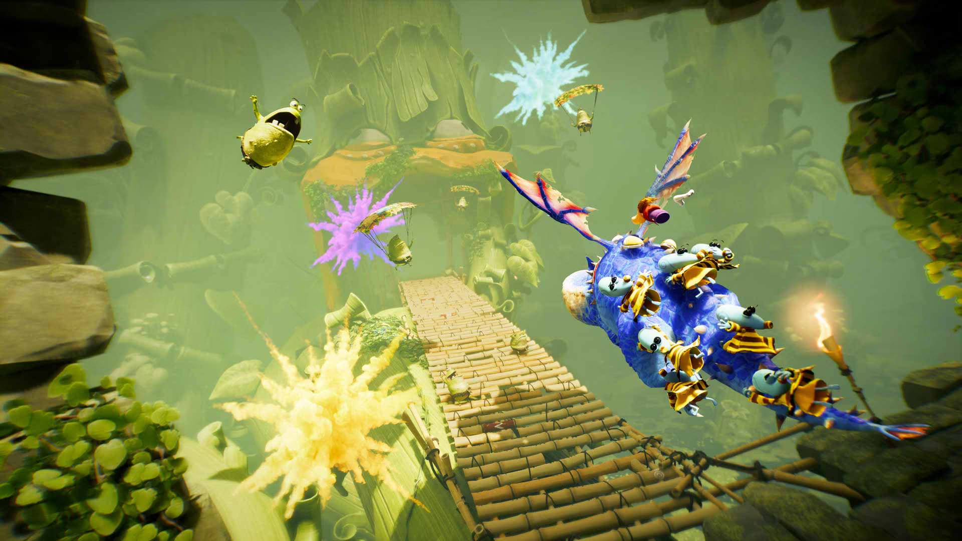 Un personaje monta un dragón azul cubierto de abejas mientras sobrevuela un puente de bambú entre explosiones de color.