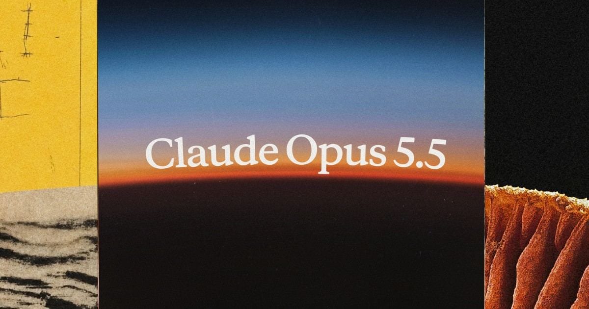 Un degradado de cielo al atardecer con el texto "Claude Opus 5.5" en el centro, enmarcado por recortes de papel de texturas distintas a los lados.
