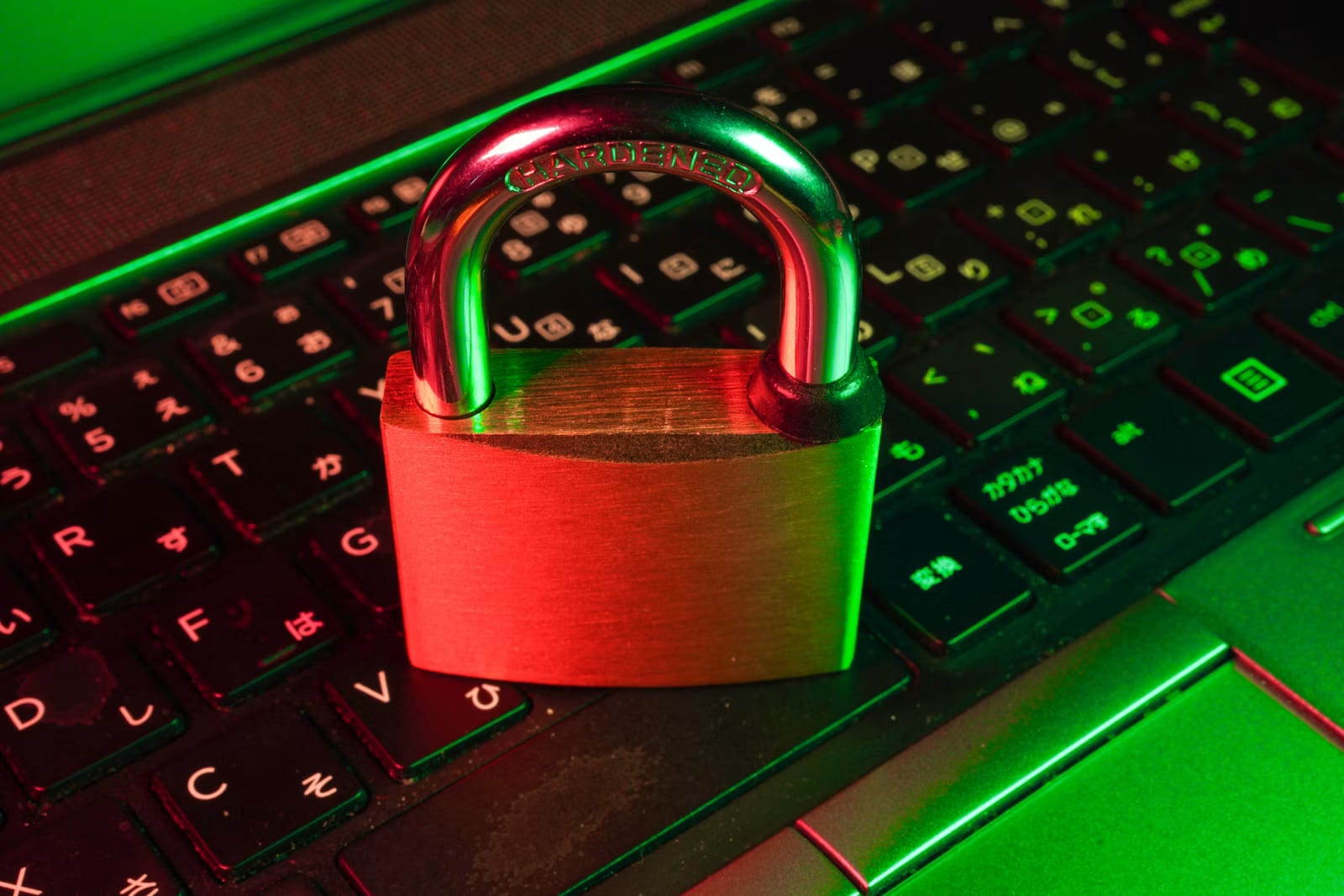Un candado de metal rojo y verde apoyado sobre un teclado de laptop retroiluminado.