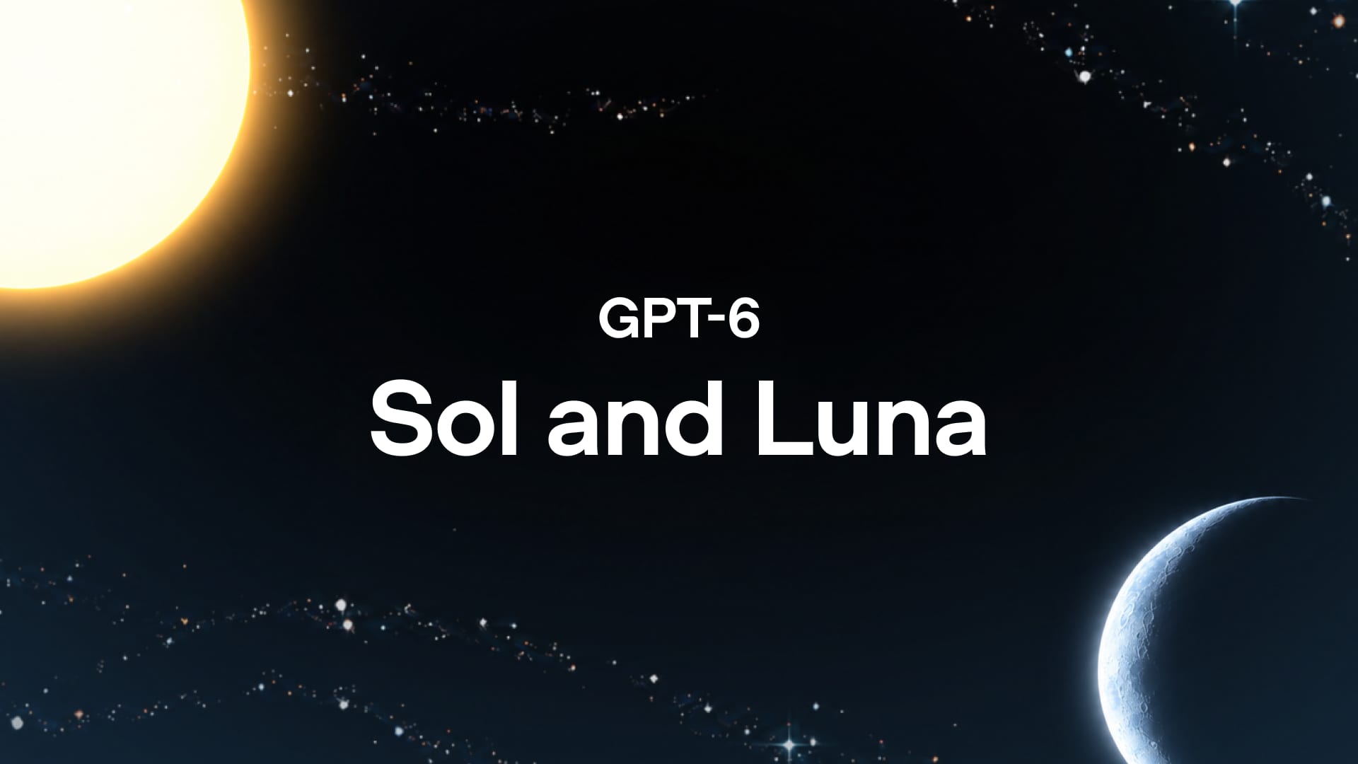 Un sol brillante y una luna creciente estilizados sobre un fondo oscuro salpicado de estrellas.