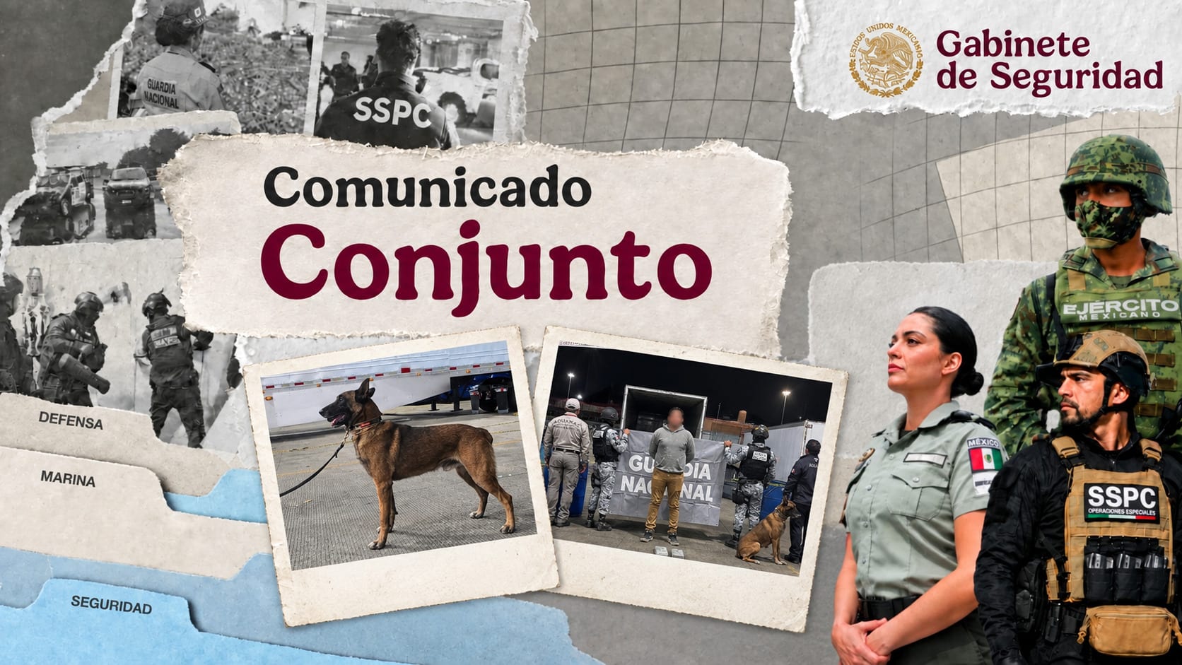 Un perro entrenado posa junto a un tráiler y, en otra fotografía, agentes con uniforme de la Guardia Nacional custodian a un hombre con el rostro cubierto frente a una manta oficial.