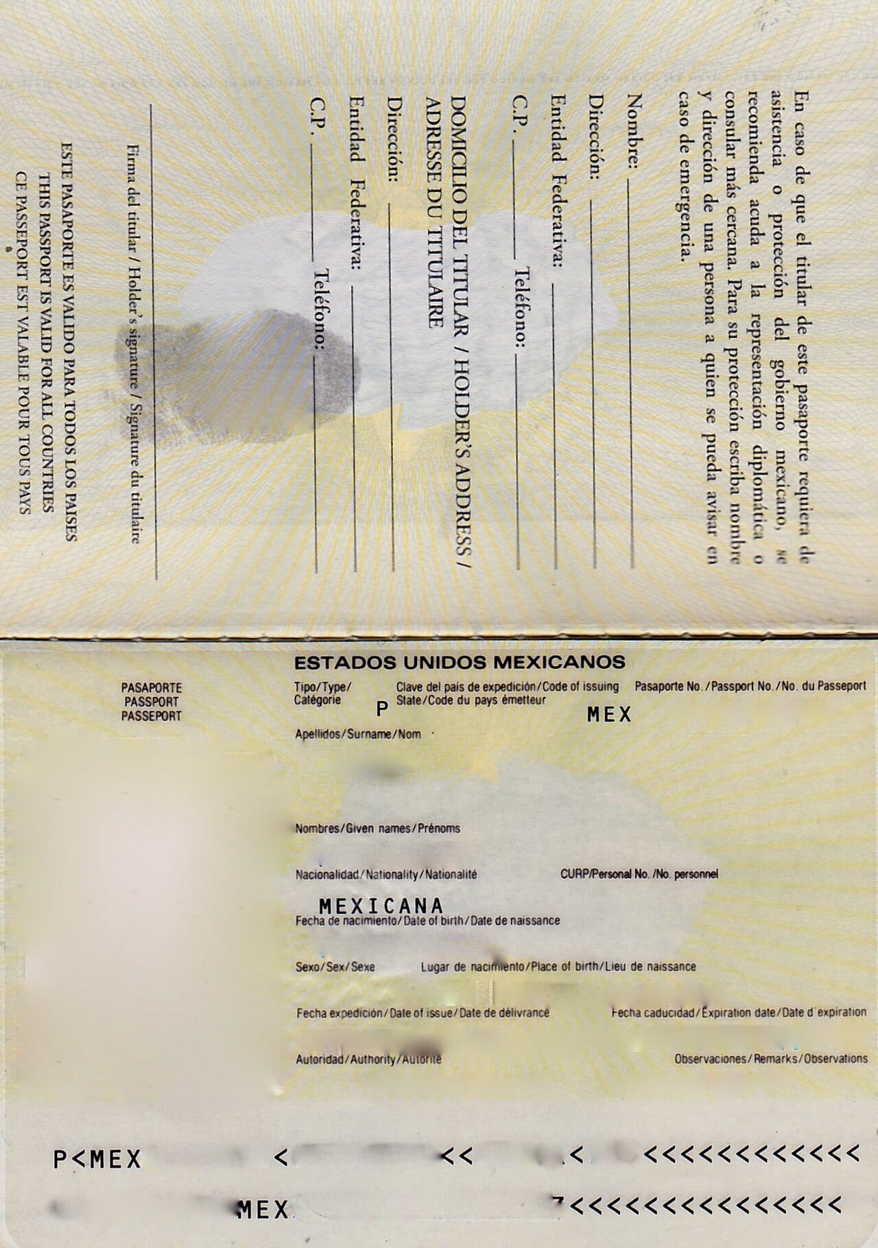 Un pasaporte mexicano abierto, con la leyenda Estados Unidos Mexicanos y el campo de nacionalidad "mexicana" visibles.