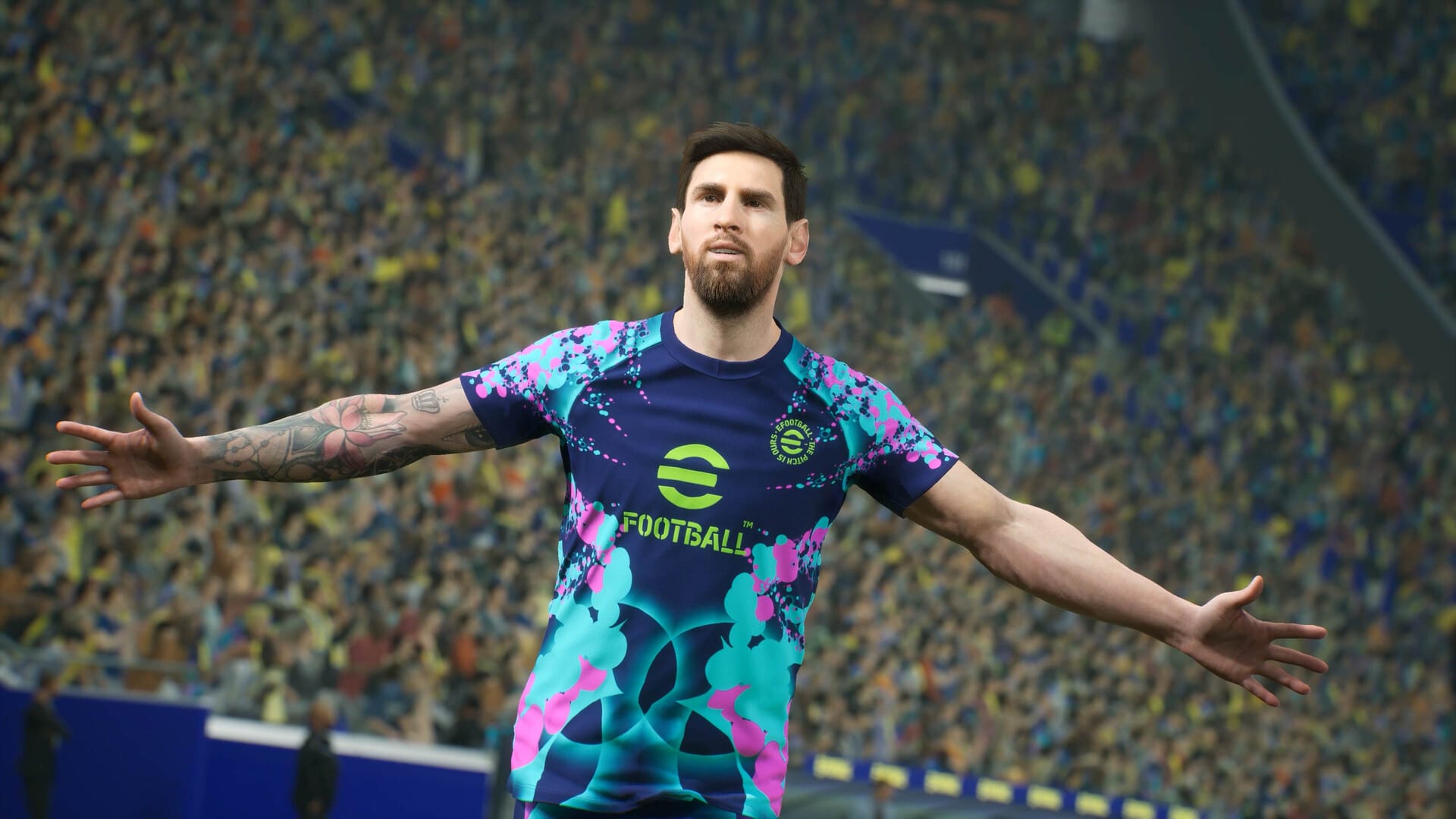Una versión virtual de Lionel Messi, con los brazos tatuados, celebra con los brazos abiertos frente a un estadio lleno.