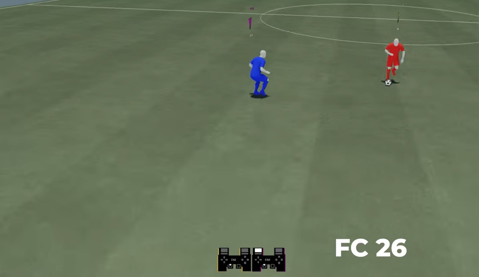 Un futbolista de azul se planta frente a un rival de rojo en un campo sin gradas, con la etiqueta FC26 visible en la esquina de la pantalla.