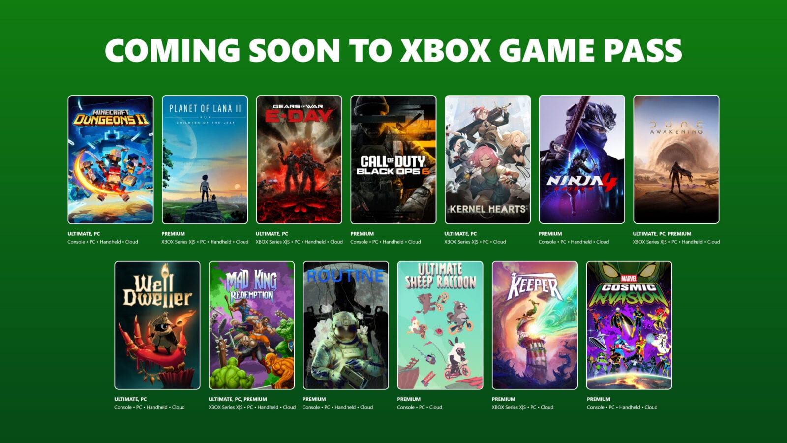 Carátulas de videojuegos bajo el texto Coming Soon to Xbox Game Pass, con Call of Duty Black Ops 6 entre ellas.