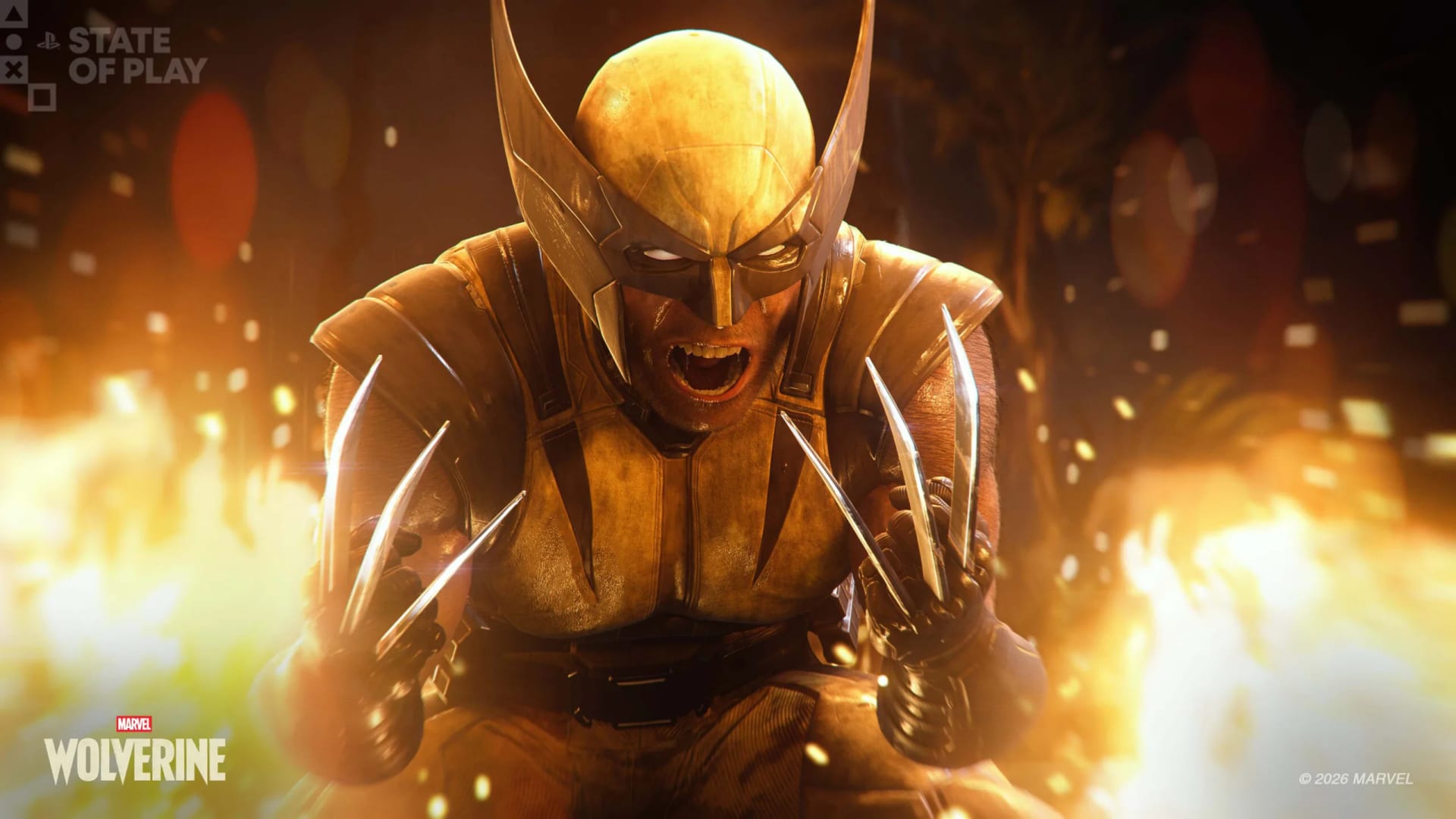 Wolverine agacha el cuerpo y saca sus garras de metal entre llamas y chispas en una escena de combate.