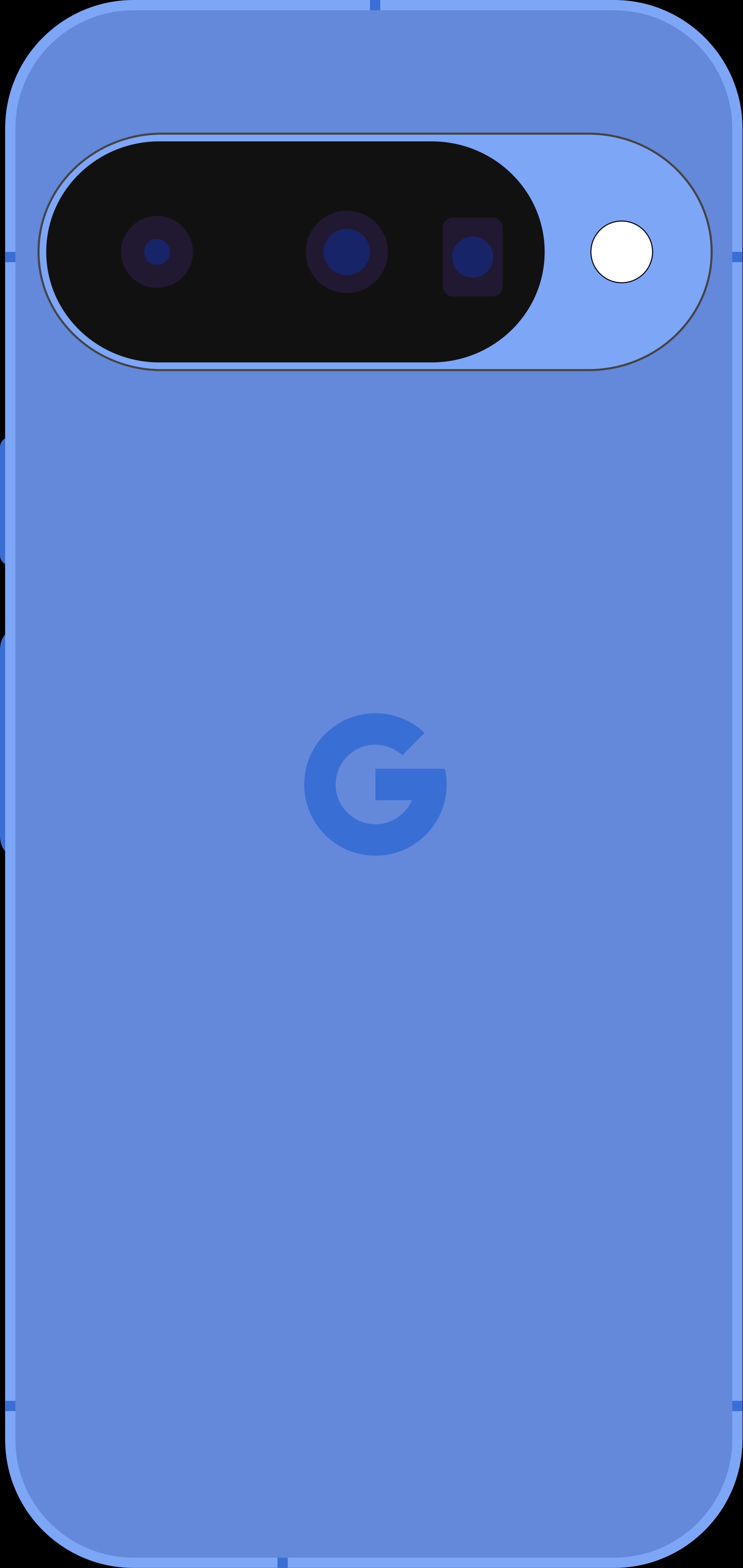 Ilustración de la parte trasera de un Google Pixel 10 en color índigo, con su módulo de cámaras.