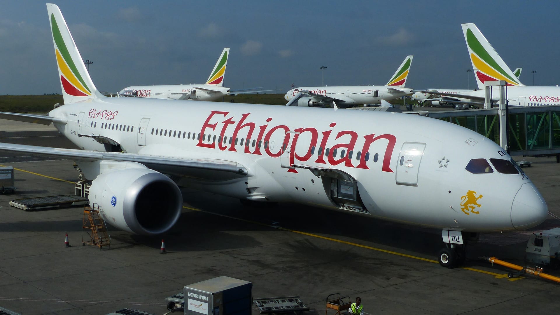 Un avión de Ethiopian Airlines con las letras de la aerolínea visibles en el fuselaje.