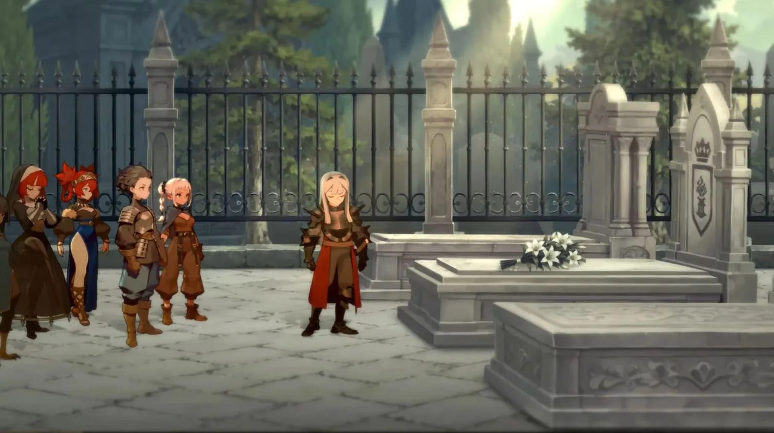 Un grupo de personajes con armadura rodea una tumba con flores blancas dentro de un cementerio cercado por una verja de hierro.