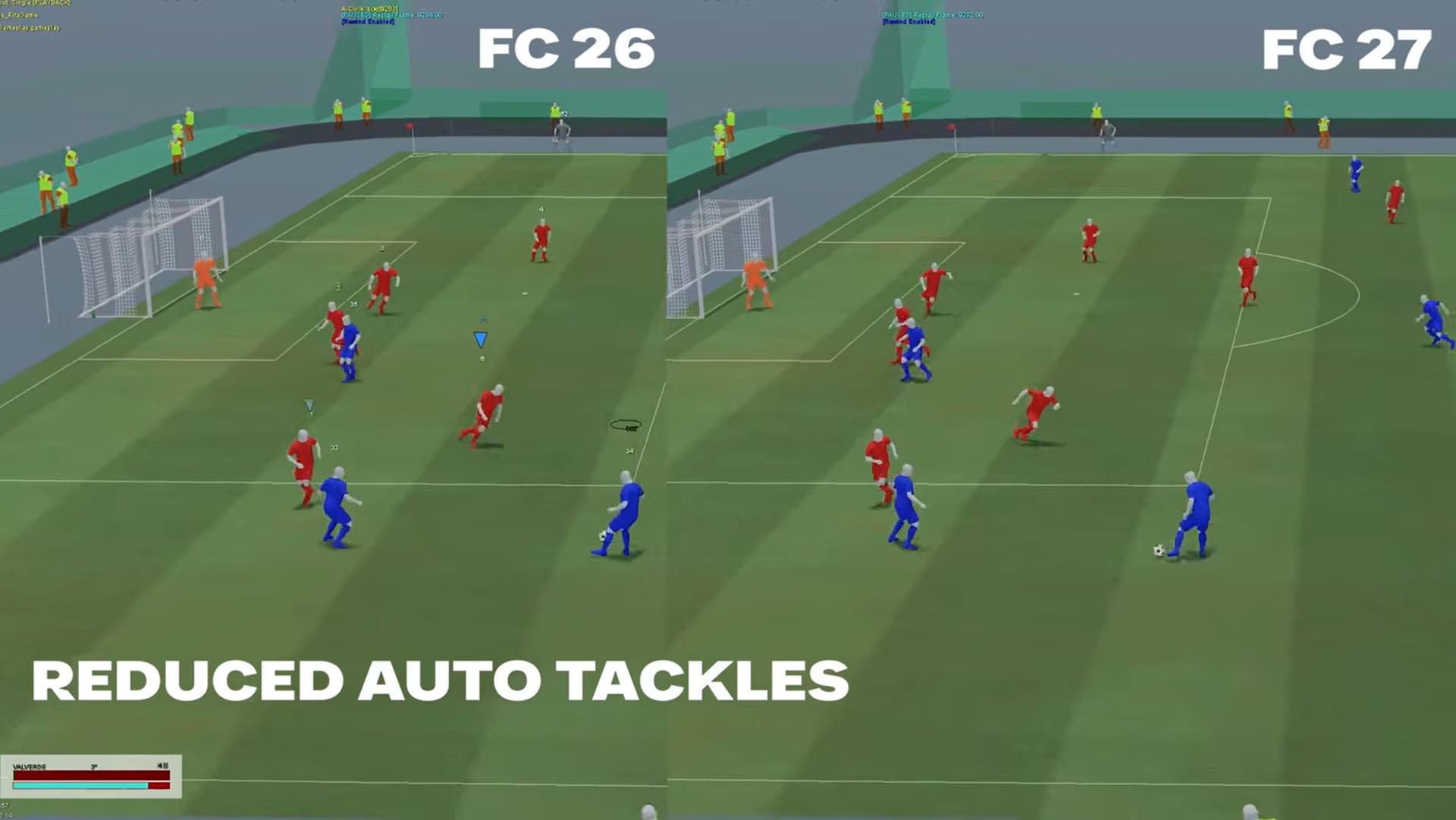 Comparación en pantalla dividida de una jugada de fútbol en FC26 y FC27, con el texto Reduced Auto Tackles sobrepuesto.