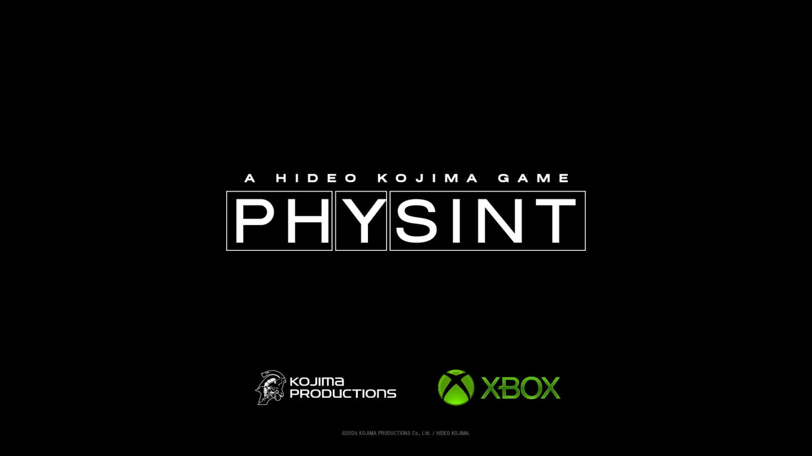 Pantalla de anuncio en fondo negro con el título PHYSINT y, debajo, los logotipos de Kojima Productions y de Xbox uno junto al otro.