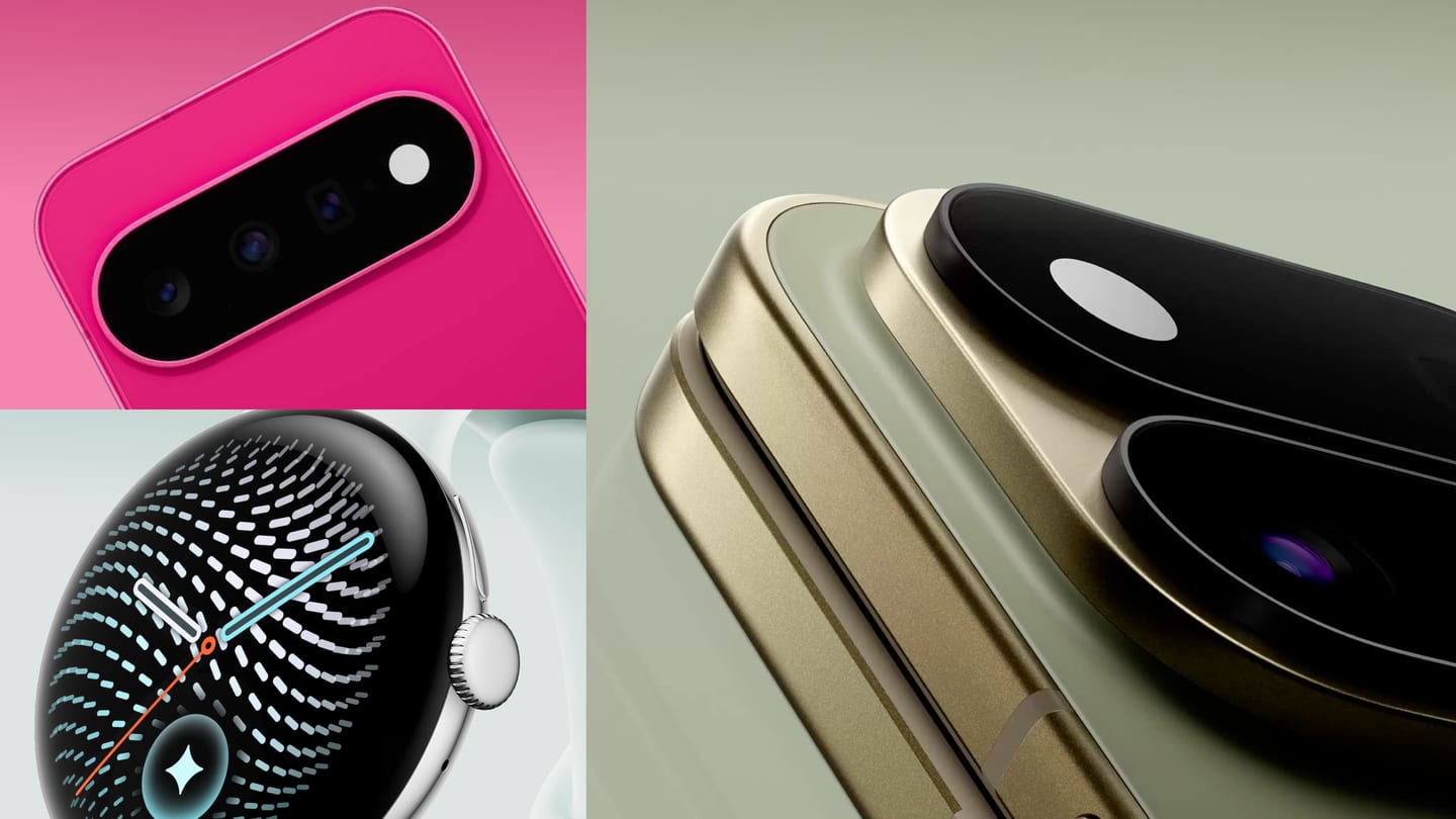 Acercamiento a la barra de cámaras de un Pixel en tono rosa junto a la carátula de un Pixel Watch y la cámara de otro Pixel en tono dorado.