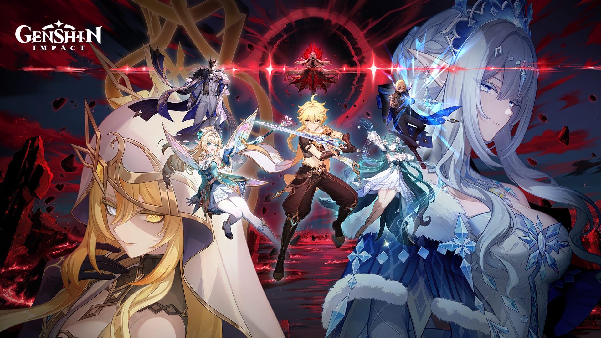 Arte promocional con varios personajes de Genshin Impact en pose de combate frente a un cielo rojizo, con una figura encapuchada suspendida al centro.