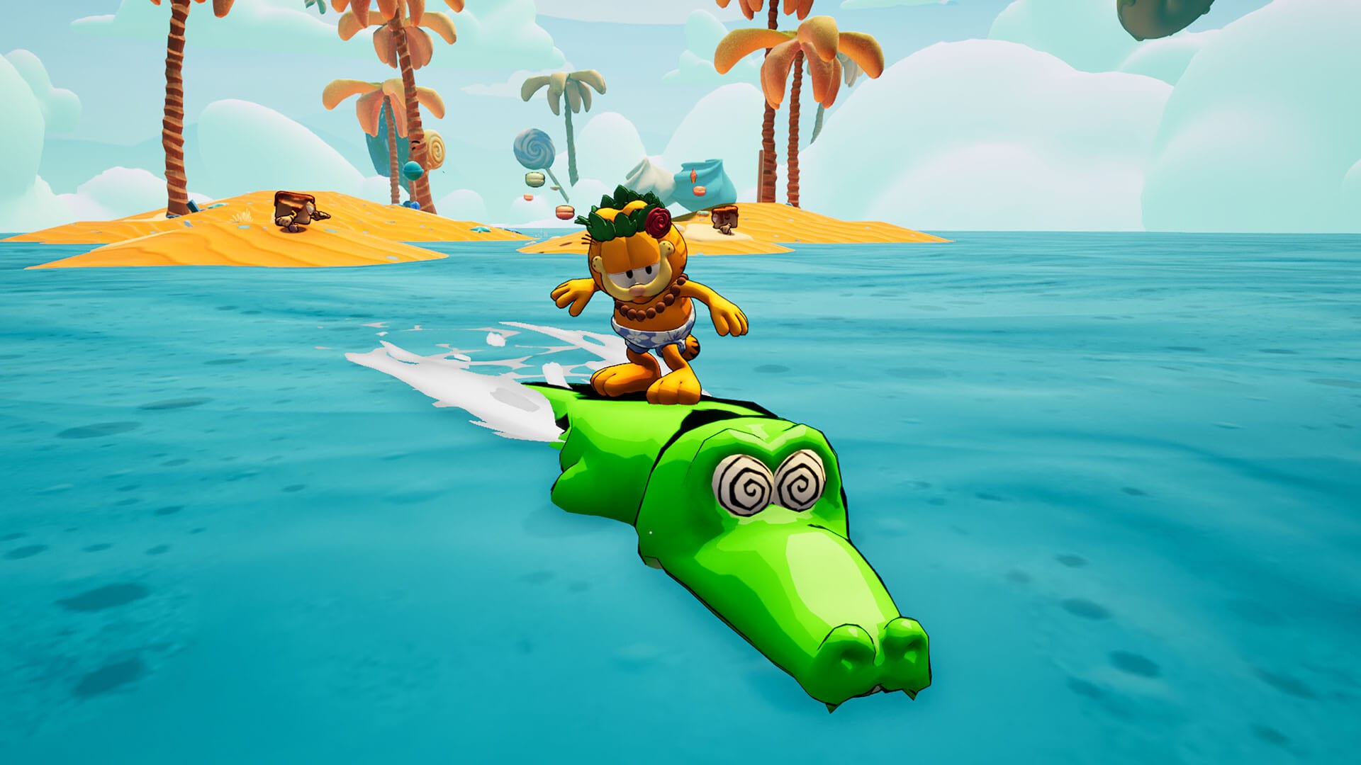 El gato Garfield con falda hawaiana surfea sobre un cocodrilo de caricatura entre islas con palmeras.
