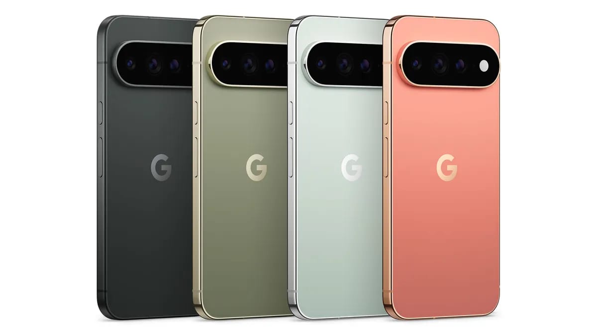 Varios teléfonos Google Pixel 11 Pro XL en distintos colores, colocados en fila mostrando su parte trasera.