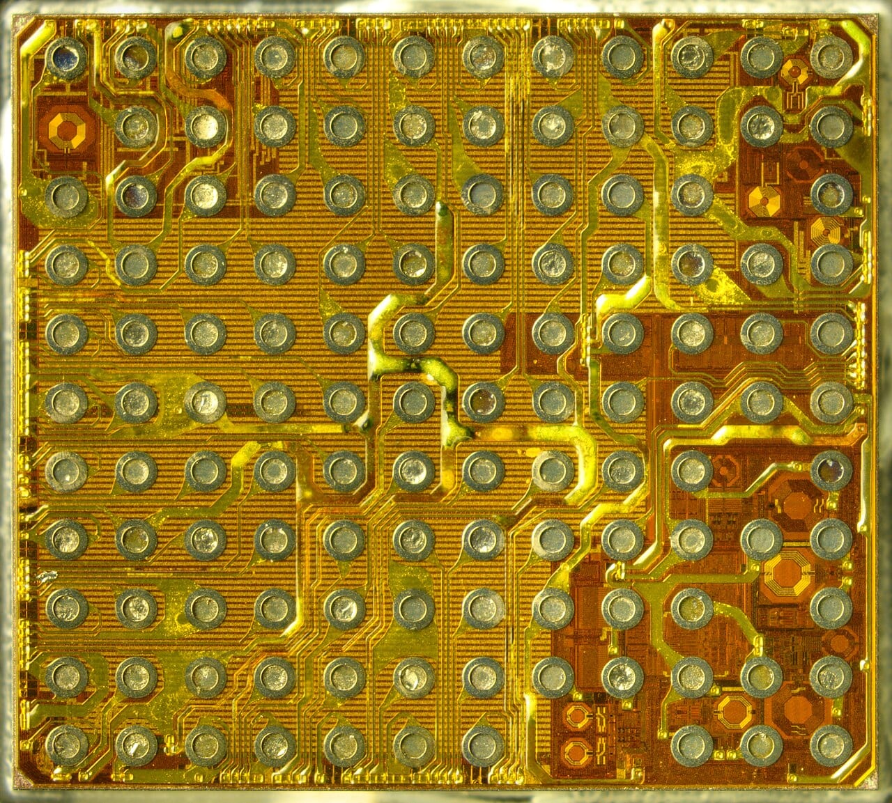 Un circuito integrado visto de cerca, con decenas de conexiones metálicas circulares sobre una superficie dorada y cobriza.