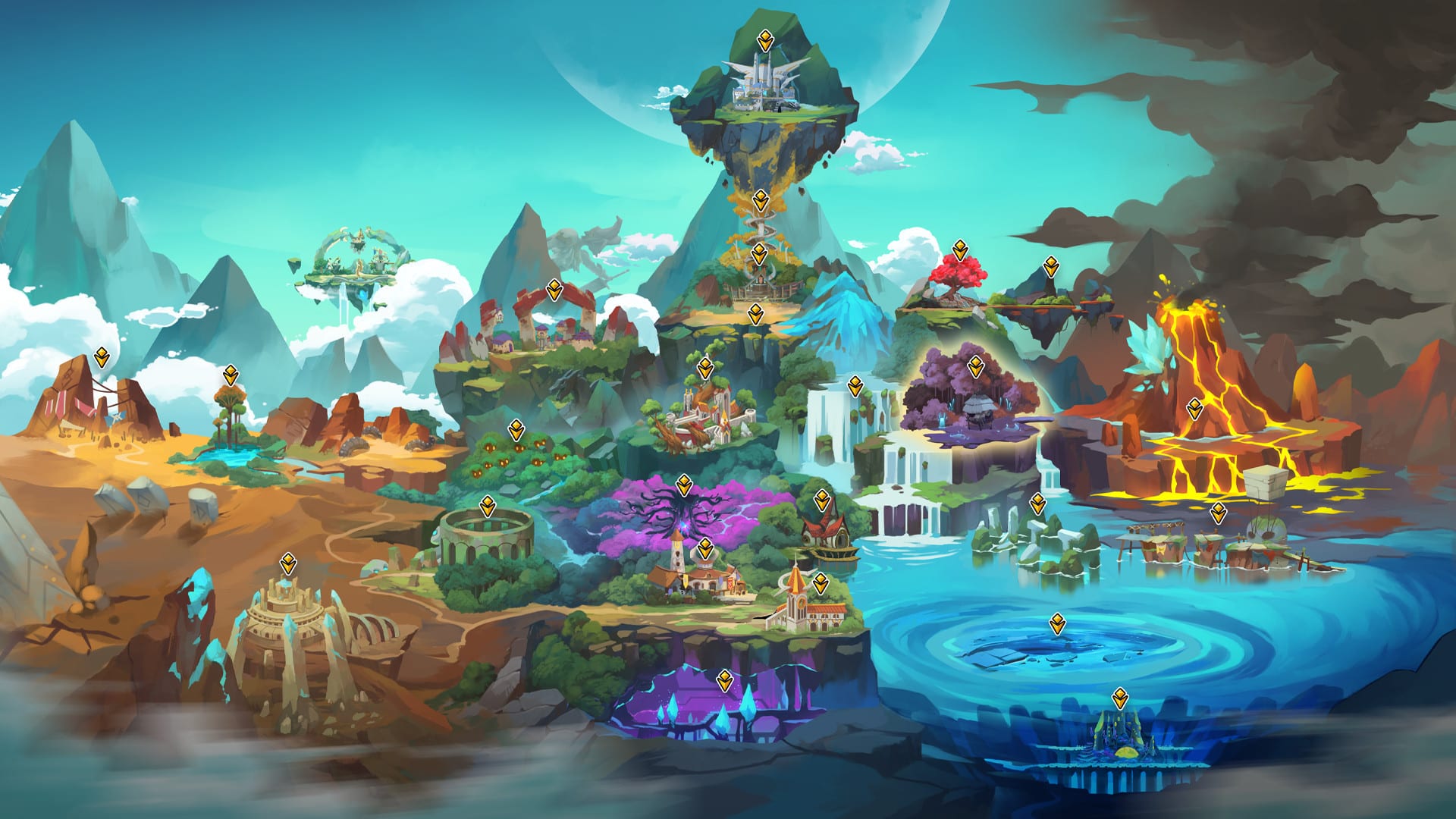 Mapa ilustrado de un mundo de fantasía con islas flotantes, un volcán y regiones acuáticas, marcado con iconos numerados de ubicación.