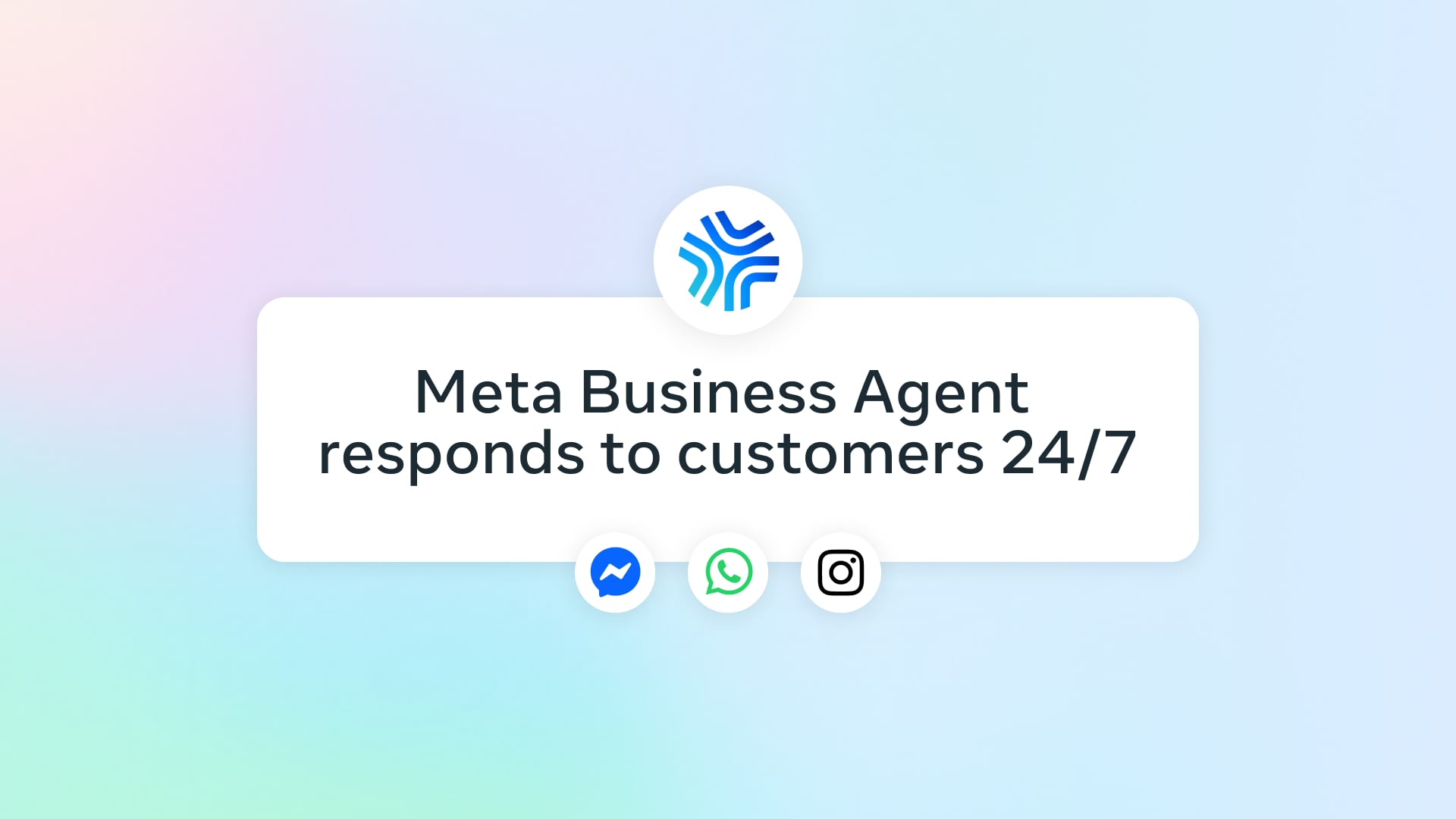 Tarjeta con el texto "Meta Business Agent responds to customers 24/7" y los íconos de Messenger, WhatsApp e Instagram debajo.
