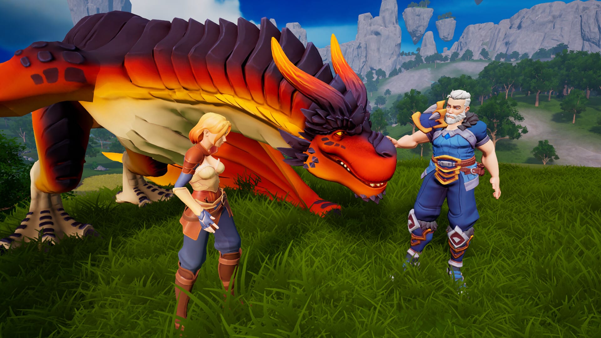 Dos personajes con armadura de fantasía junto a una criatura alada de color rojo y naranja, en un campo verde con montañas e islas flotantes al fondo.