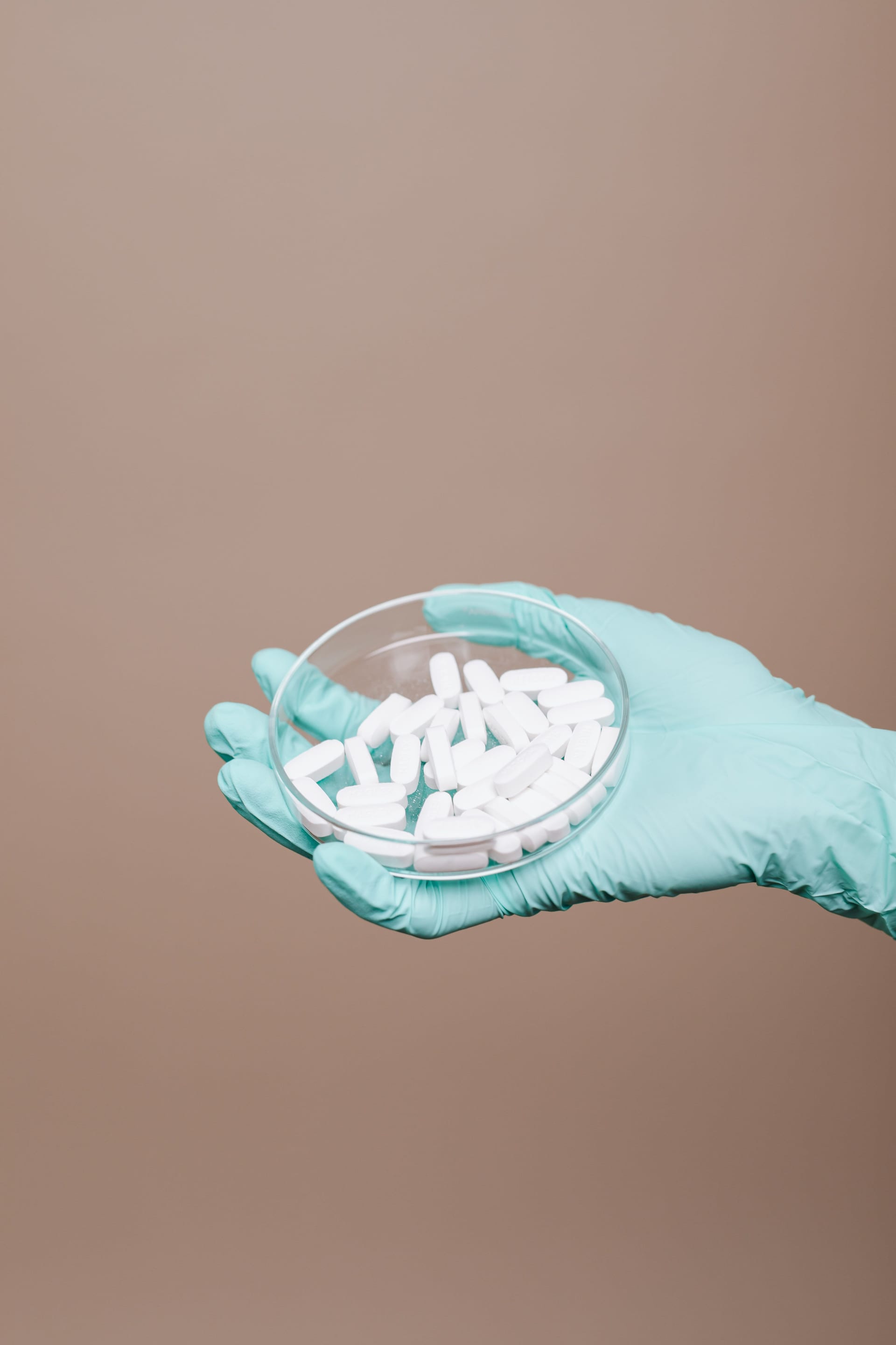 Una mano con guante de látex azul sostiene una caja de Petri con varias cápsulas blancas de medicamento.