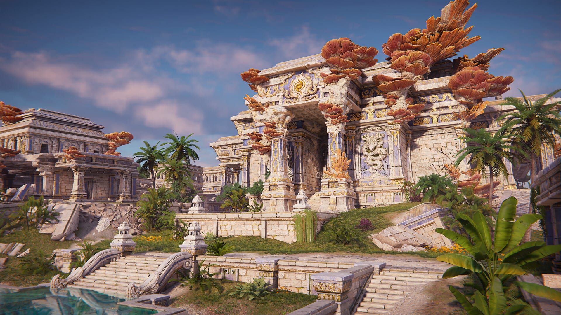 En la escena del juego se ve un templo asiático derruido, con columnas doradas, palmeras y un estanque al frente.