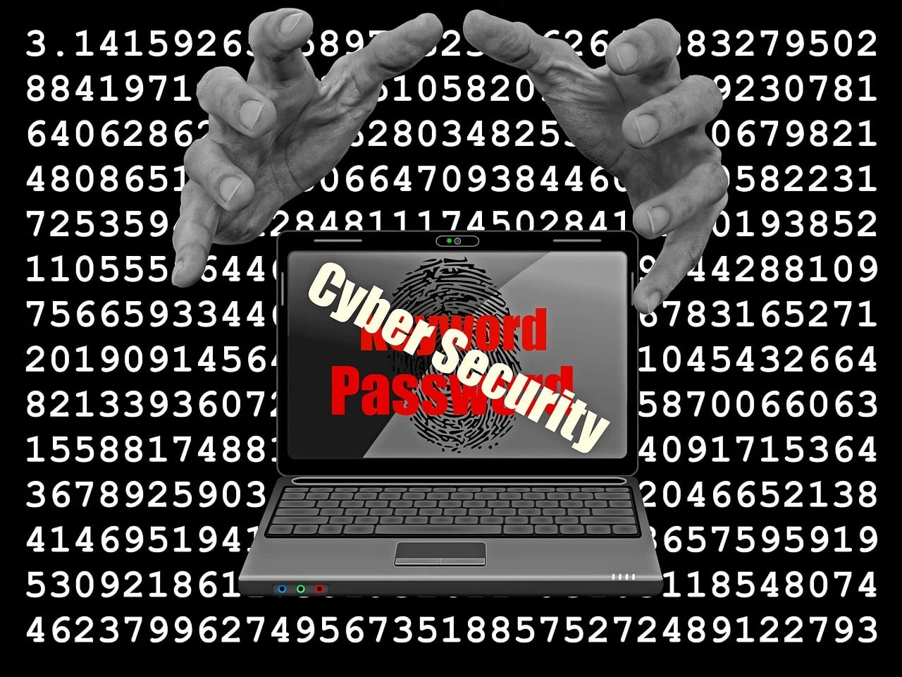 Dos manos extendidas sobre una laptop cuya pantalla muestra una huella digital junto a las palabras cybersecurity y password.