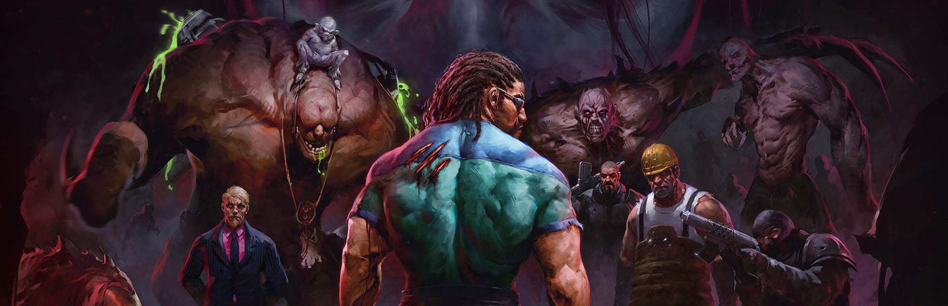 Un hombre musculoso de espaldas enfrenta a criaturas mutantes y soldados armados en una escena oscura de arte pintado.