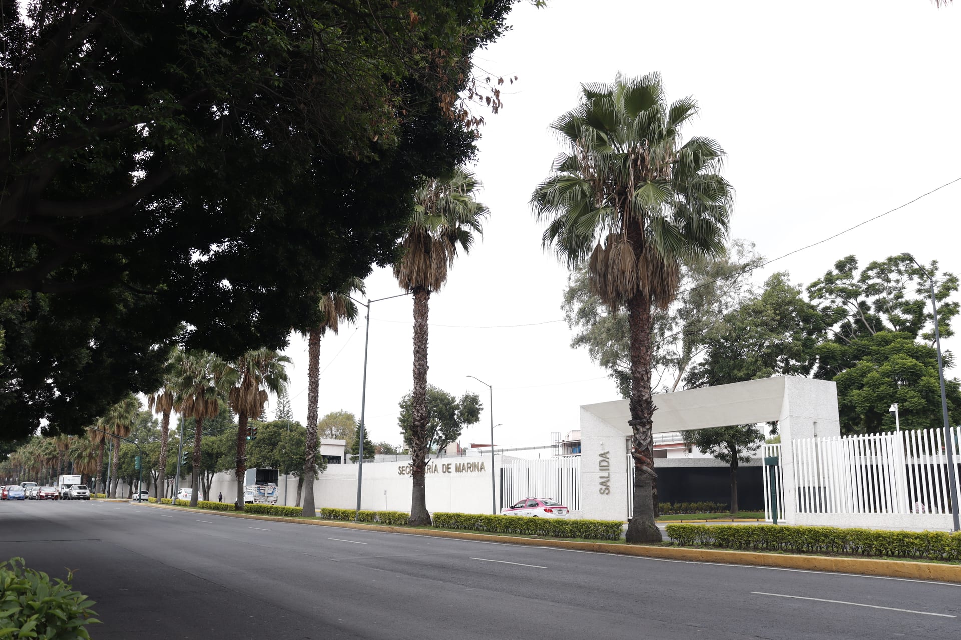 Muro perimetral de la Secretaría de Marina con el rótulo de la dependencia, una puerta de salida y una fila de palmeras sobre la avenida.