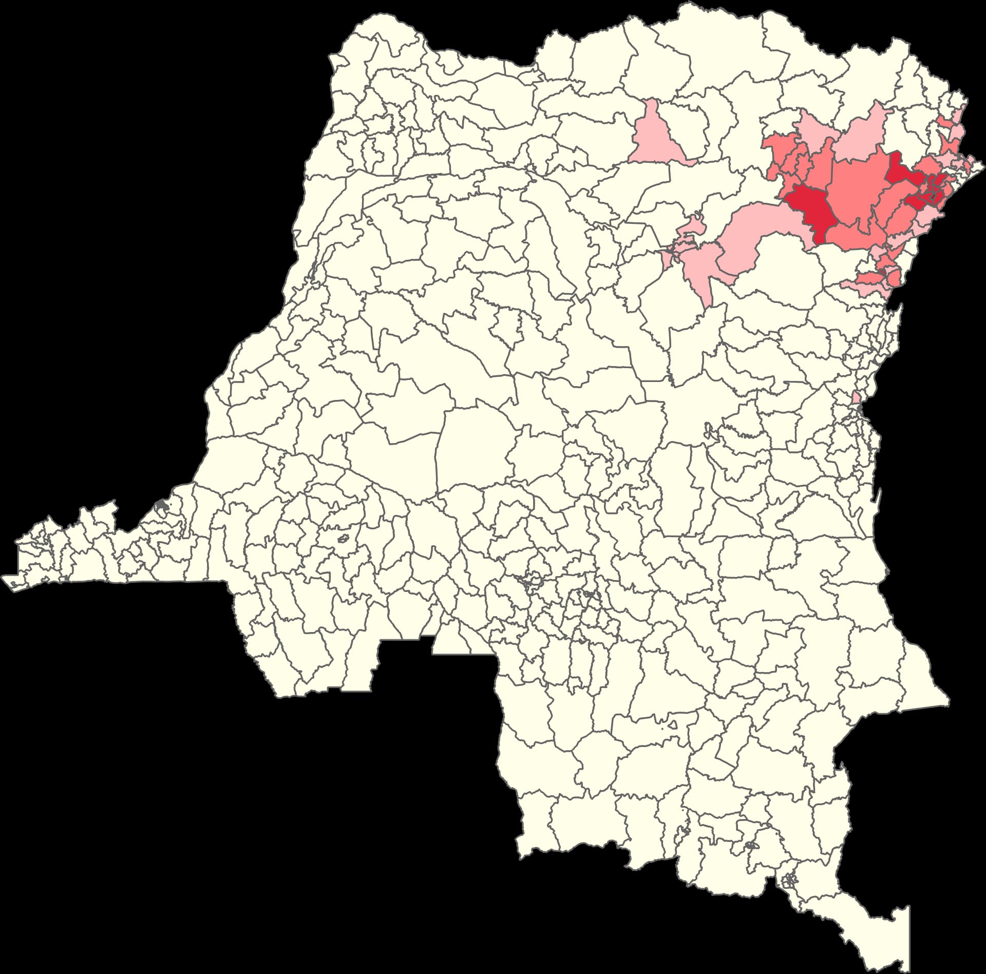 Mapa de la República Democrática del Congo con las zonas de salud coloreadas según el número de casos de ébola confirmados en cada una.