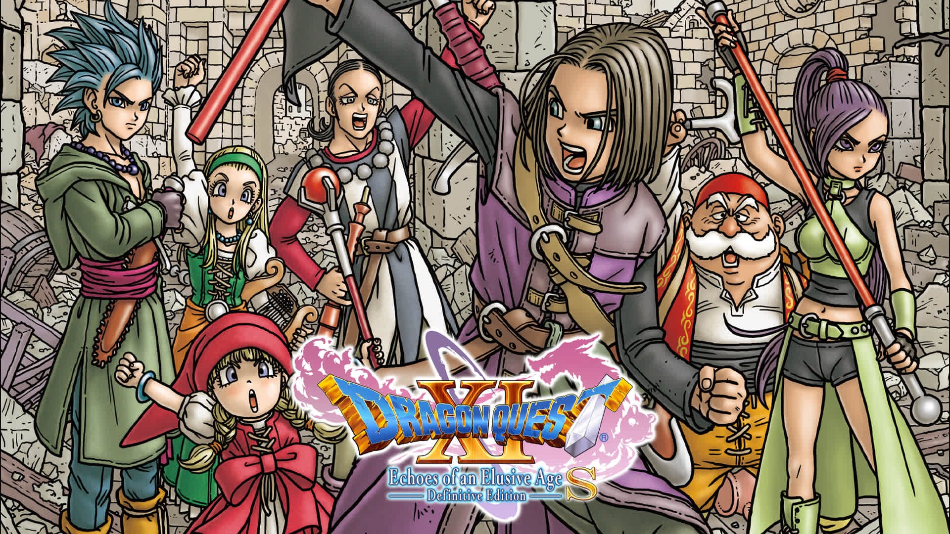 Ilustración de portada con siete personajes de Dragon Quest XI S en pose de combate frente a un muro de piedra en ruinas.