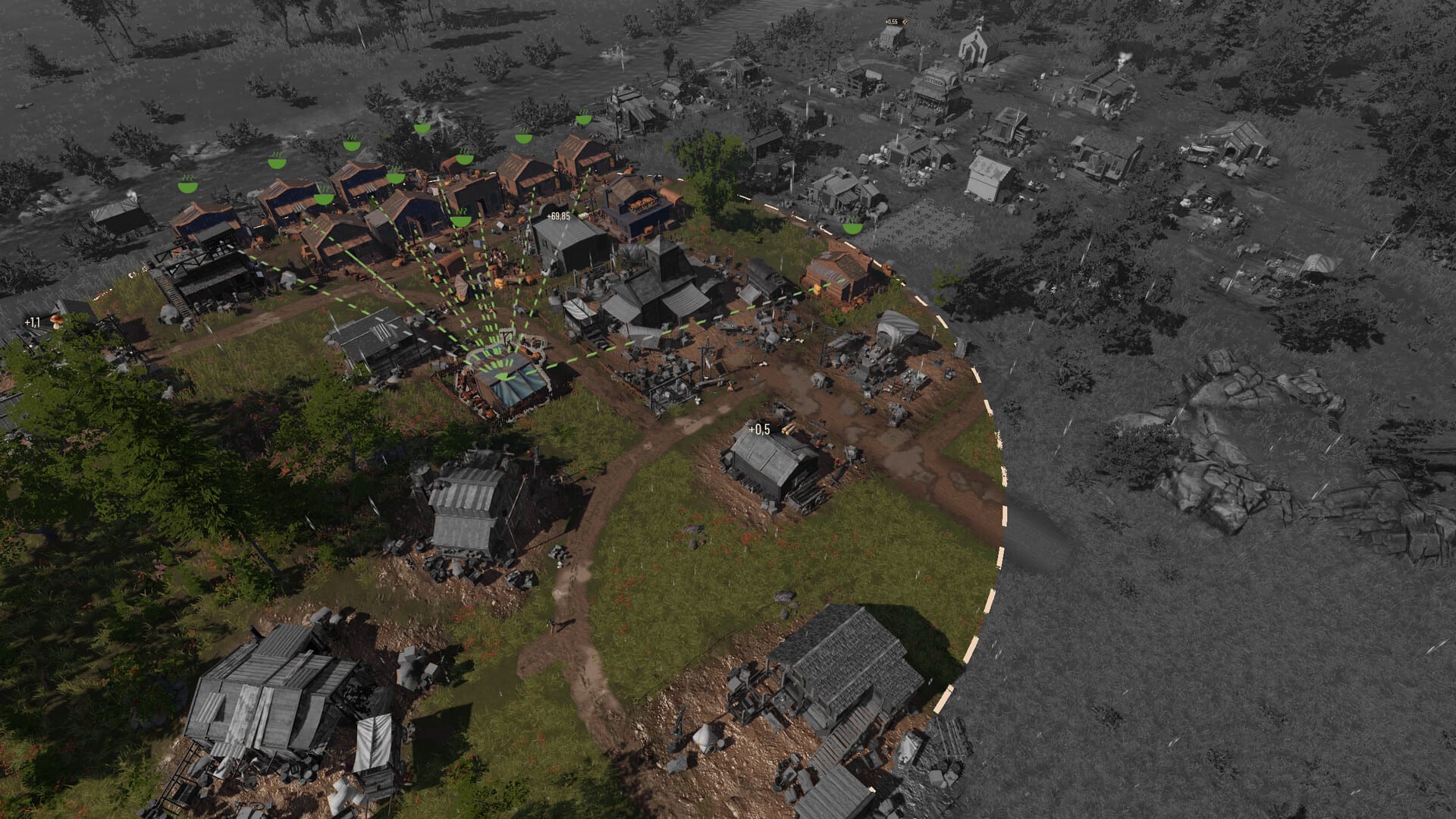 Captura de juego con un círculo de radio de construcción sobre un poblado; iconos verdes marcan edificios con producción activa.