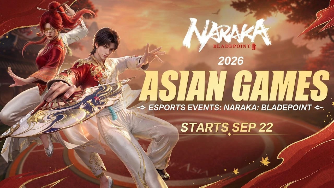 Arte promocional con dos guerreros en trajes ceremoniales blanco y rojo, bajo un rótulo que anuncia los eventos de esports de estos Juegos.