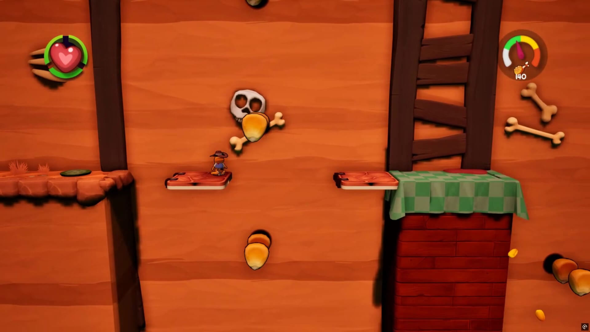 Garfield con sombrero de vaquero salta entre plataformas flotantes en forma de libro, junto a una calavera y huesos.