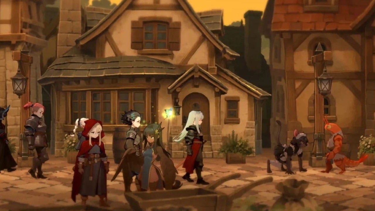 Seis personajes con armadura y capas caminan por una calle empedrada frente a casas con techos inclinados, junto a dos criaturas antropomorfas.