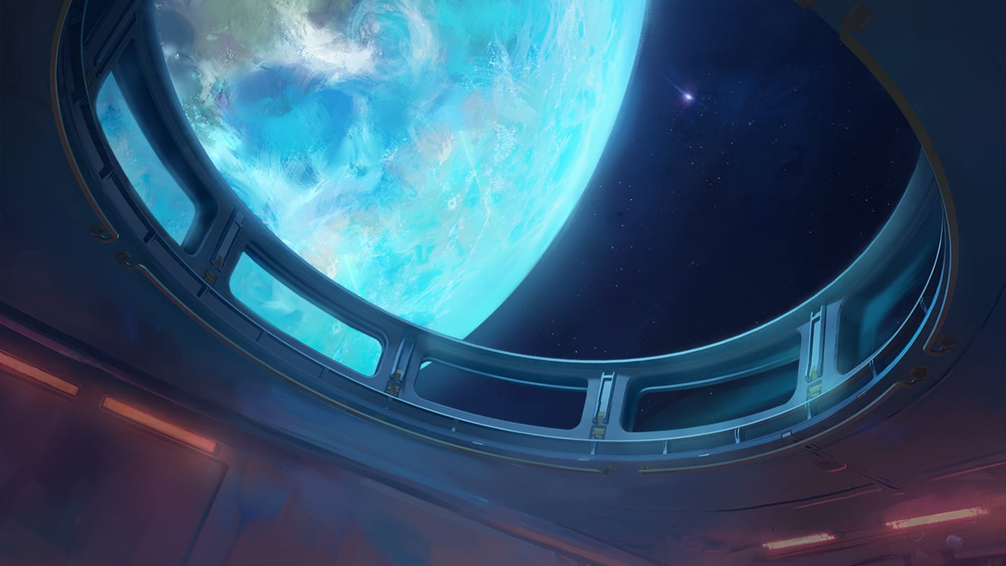 Vista desde una ventana circular de una estación espacial hacia un planeta azulado y una franja de estrellas, con tubos de luz roja encendidos adentro.
