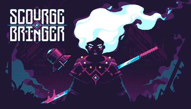Personaje de videojuego con cabello blanco empuña una espada junto a un pequeño dron flotante, sobre fondo morado oscuro.