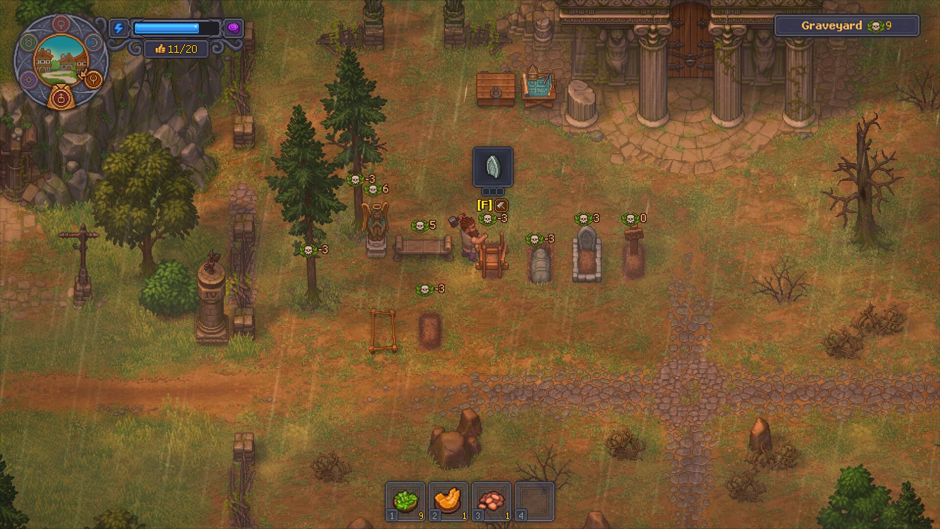 Vista superior de un cementerio con tumbas, un ángel de piedra y un personaje trabajando junto a una mesa de preparación bajo la lluvia.