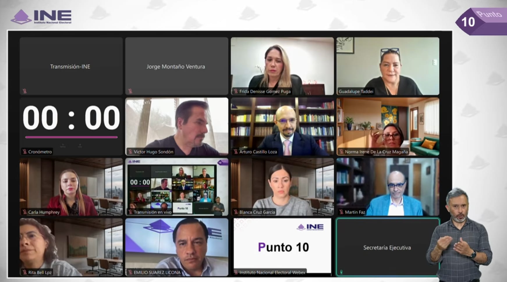 Captura de una videollamada con consejeras y consejeros del INE, entre ellos Guadalupe Taddei, en recuadros individuales durante una sesión virtual.